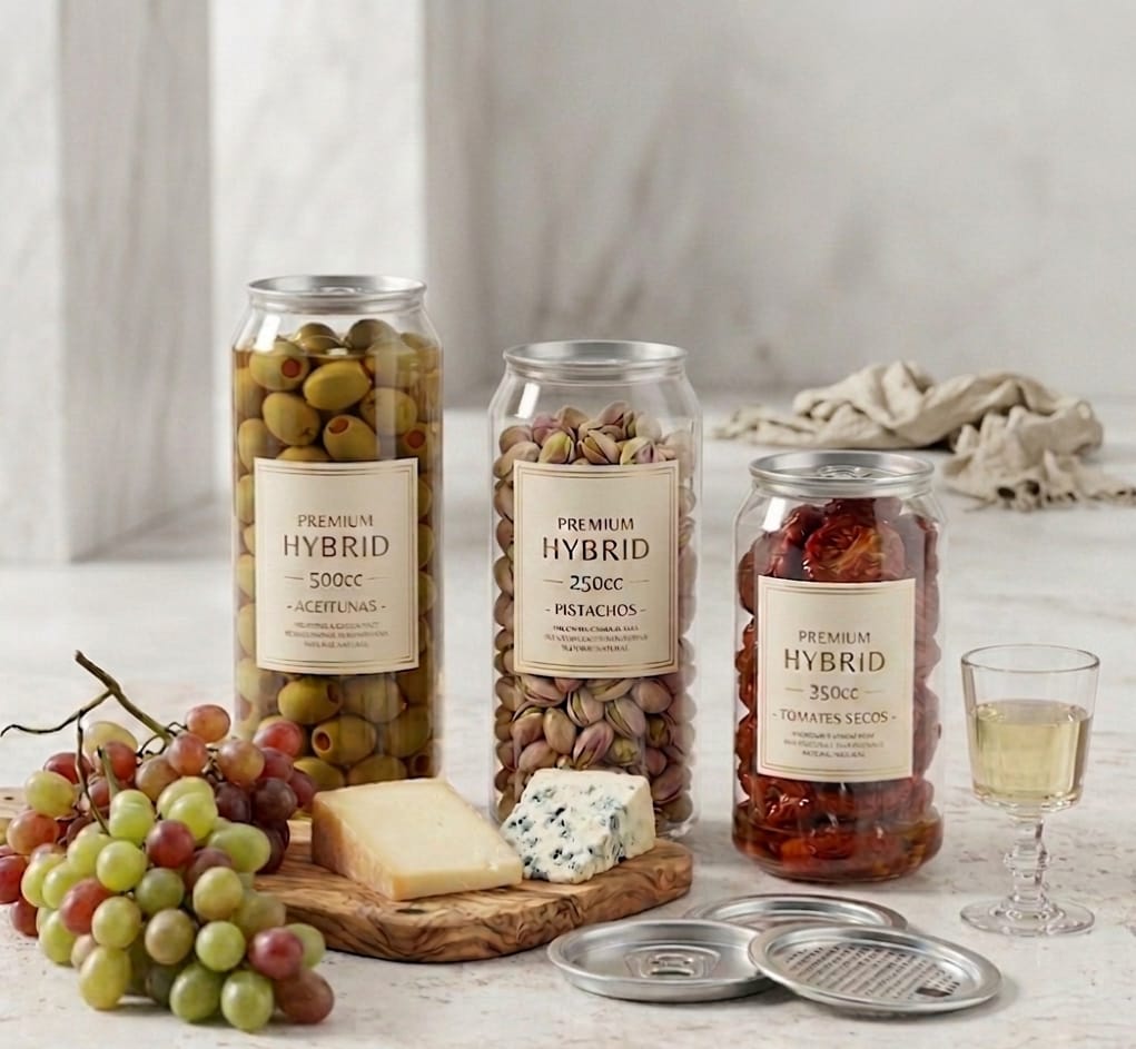 Latas PET premium con aceitunas, pistachos y tomates secos